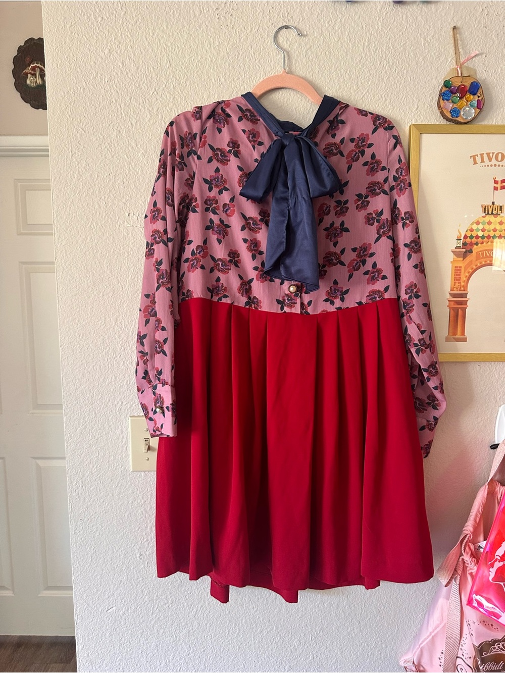 Sister Jane Floral Dress With Neck Tie Red and Pink and Blue XL EUC